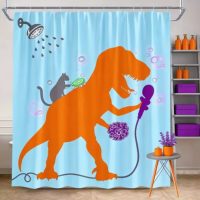 Sprchový závěs se zavěšením grommet top + háčky - Modrý s oranžovým dinosaurem, 300 x 180 cm
