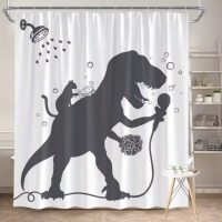 Sprchový závěs se zavěšením grommet top + háčky - Bílý s černým dinosaurem, 200 x 180 cm