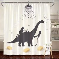 Sprchový závěs se zavěšením grommet top + háčky - Béžový s kočkou a dinosaurem, 90 x 180 cm