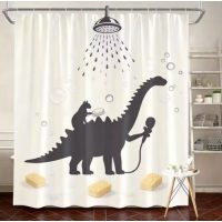 Sprchový závěs se zavěšením grommet top + háčky - Béžový s kočkou a dinosaurem, 120 x 180 cm