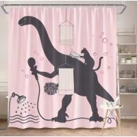 Sprchový závěs se zavěšením grommet top + háčky - Růžový s dinosaurem, 300 x 180 cm