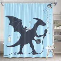 Sprchový závěs se zavěšením grommet top + háčky - Světle modrý s dinosaurem, 180 x 180 cm