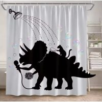 Sprchový závěs se zavěšením grommet top + háčky - Bílý s kočkou a dinosaurem, 90 x 180 cm
