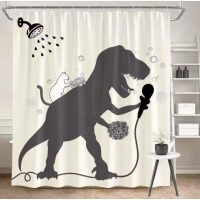 Sprchový závěs se zavěšením grommet top + háčky - Béžový s bílou kočkou a dinosaurem, 90 x 180 cm