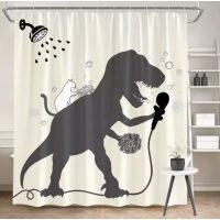 Sprchový závěs se zavěšením grommet top + háčky - Béžový s bílou kočkou a dinosaurem, 230 x 180 cm