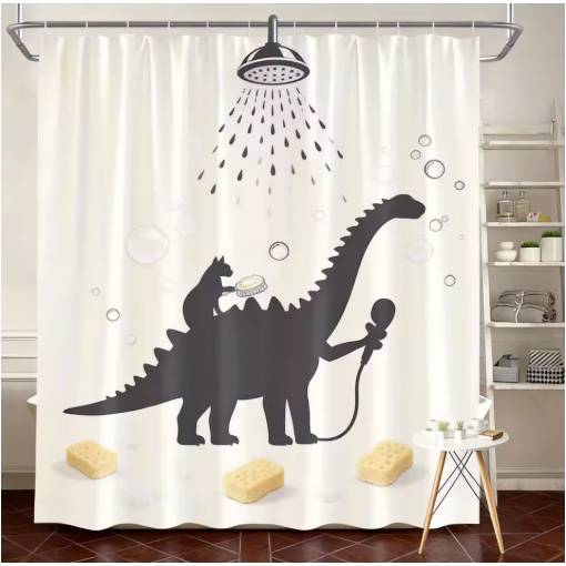 Foto - Sprchový závěs se zavěšením grommet top + háčky - Béžový s kočkou a dinosaurem, 90 x 180 cm