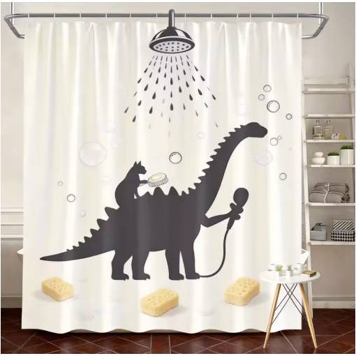 Foto - Sprchový závěs se zavěšením grommet top + háčky - Béžový s kočkou a dinosaurem, 200 x 180 cm