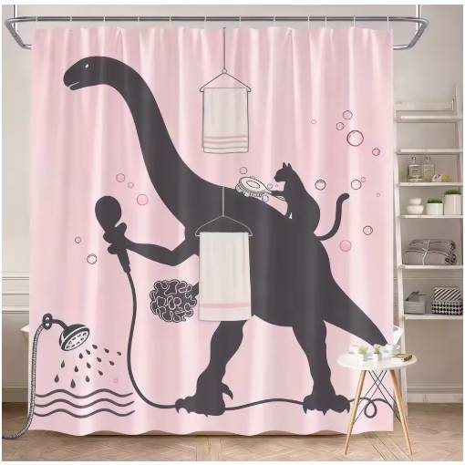 Foto - Sprchový závěs se zavěšením grommet top + háčky - Růžový s dinosaurem, 90 x 180 cm