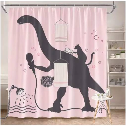 Foto - Sprchový závěs se zavěšením grommet top + háčky - Růžový s dinosaurem, 180 x 180 cm