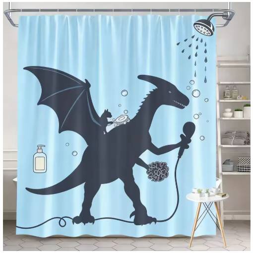 Foto - Sprchový závěs se zavěšením grommet top + háčky - Světle modrý s dinosaurem, 90 x 180 cm