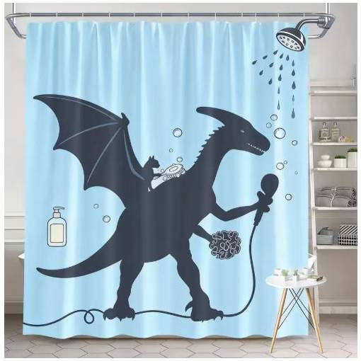 Foto - Sprchový závěs se zavěšením grommet top + háčky - Světle modrý s dinosaurem, 200 x 180 cm