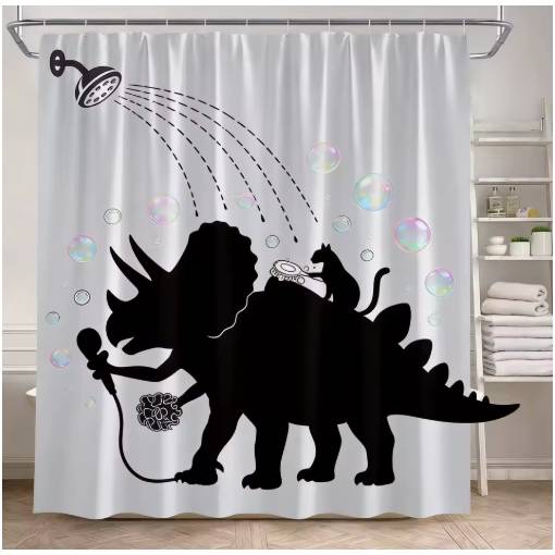 Foto - Sprchový závěs se zavěšením grommet top + háčky - Bílý s kočkou a dinosaurem, 90 x 180 cm