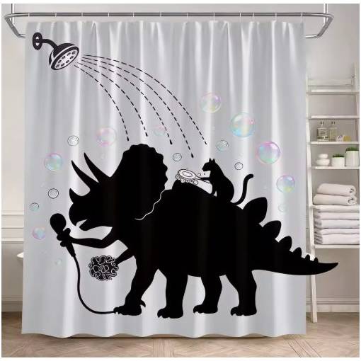 Foto - Sprchový závěs se zavěšením grommet top + háčky - Bílý s kočkou a dinosaurem, 230 x 180 cm