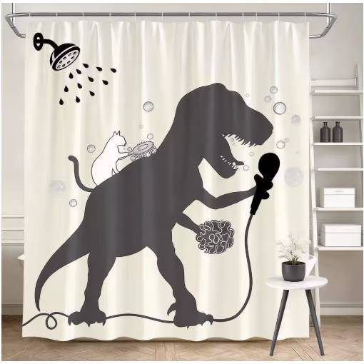 Foto - Sprchový závěs se zavěšením grommet top + háčky - Béžový s bílou kočkou a dinosaurem, 90 x 180 cm