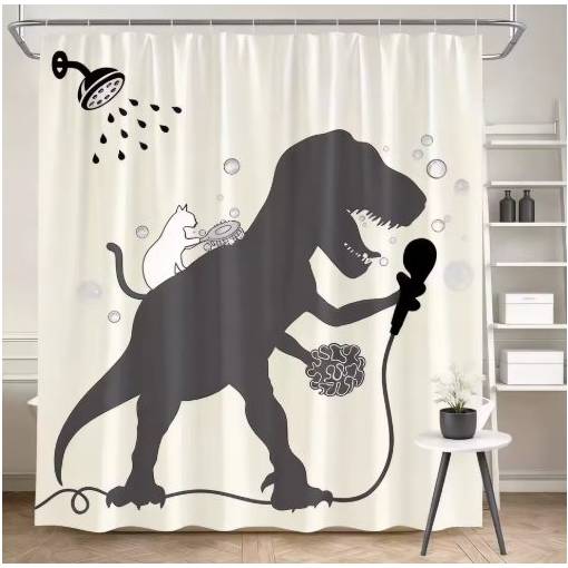 Foto - Sprchový závěs se zavěšením grommet top + háčky - Béžový s bílou kočkou a dinosaurem, 230 x 180 cm