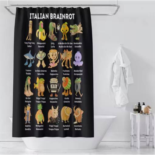 Foto - Sprchový Brainrot závěs se zavěšením grommet top + háčky - Černý, 90 x 180 cm