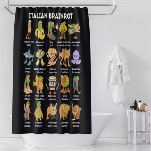 Foto - Sprchový Brainrot závěs se zavěšením grommet top + háčky - Černý, 150 x 180 cm